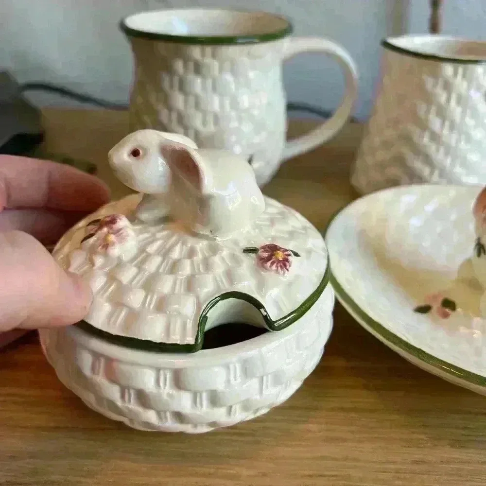 Vintage Avon Easter Bunny Ceramic Milk Pitcher, Sugar Box & Candy Dish Set